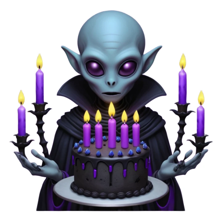 A tall mysterious alien holding a gothic black birthday cake with glowing purple candles, dark foggy alien planet, bioluminescent plants, dramatic shadows, dark fantasy sci-fi art, hyper detailed, moody lighting

 sticker