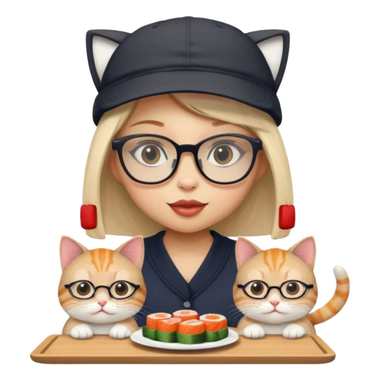 cute girl cat with really big square glasses with super thin frames eating sushi with a boy cat wearing a san antonio spurs cap sticker