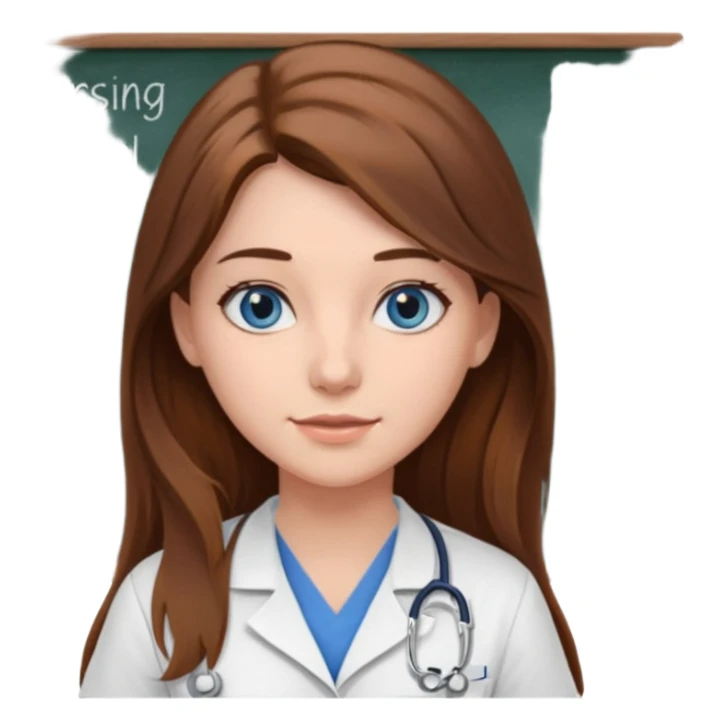 university classroom that says nursing school on the blackboard with a pretty female nursing student with long brown hair, blue eyes sticker