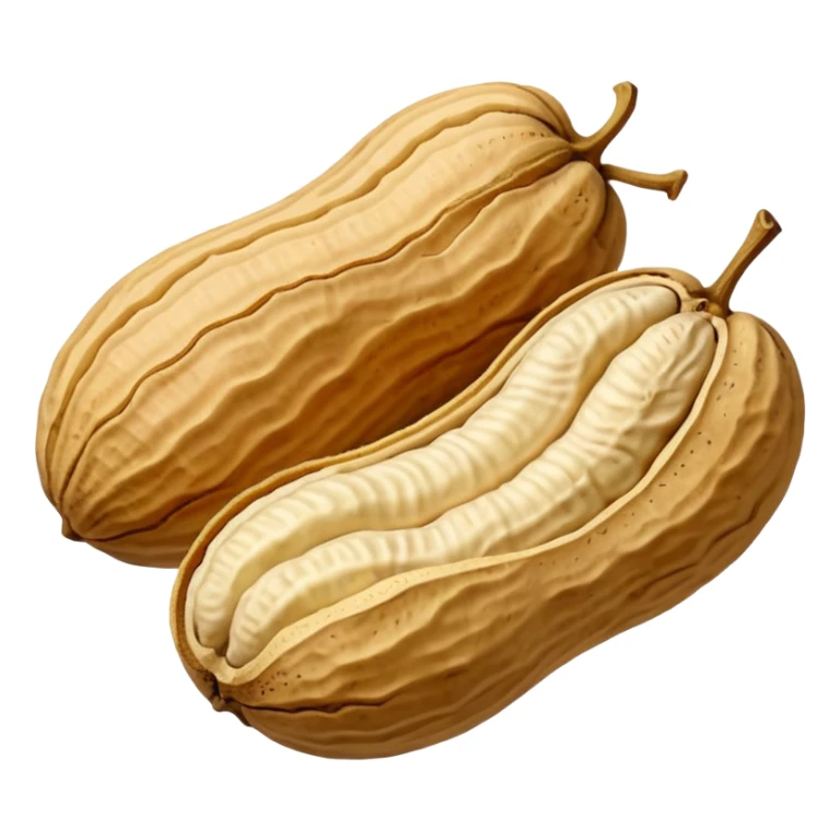 whole peanuts two to three in rough beige shells textured with natural ridges, irregular oval shapes, one shell slightly open showing pale nuts inside, apple emoji style, soft lighting, transparent background, emoji scale sticker