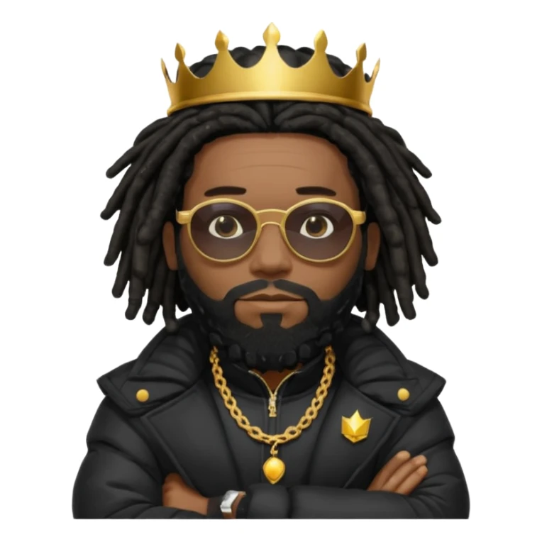 African American man with shoulder length black dreadlocks with black beard wearing  dark black sunglasses with a black bubble winter coat wearing a crown with arms folded on chest sticker