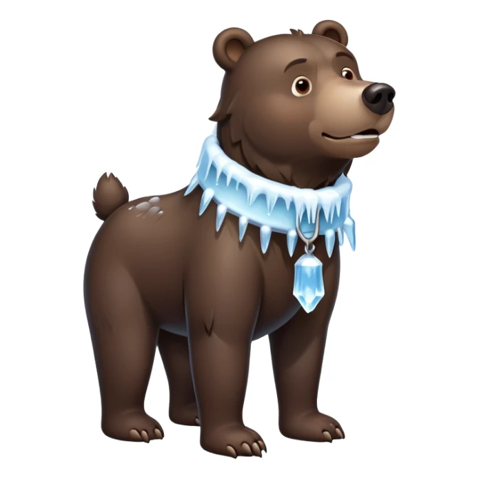 Realistic dark brown bear on four legs with a frozen ice collar that has icicles protruding downward, shaped like a large dog collar but made of crystal clear ice sticker