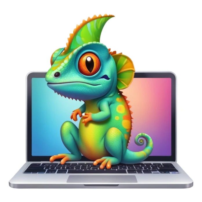 cute chameleon sitting on laptop, adorable face, bright colors, high quality, app logo sticker