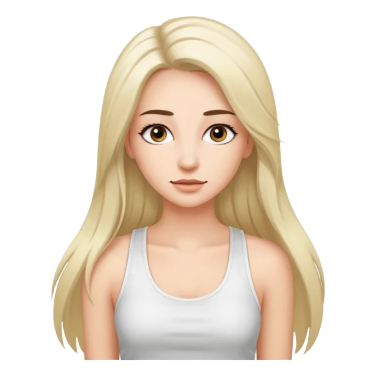 with long eyelashes, a white tank top, longer hair that doesn't pull on the long sticker