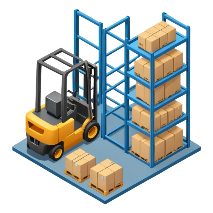 Isometric warehouse with forklift and storage racks inside, large cargo door sticker