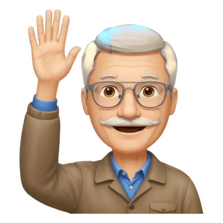 60 yr man with partially gray hair, mustache, light glasses, waving hello sticker