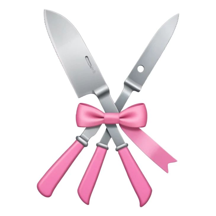 Kitchen knife with a pink bow tied around the handle, emoji style, simple, flat vector, white background, only one object sticker
