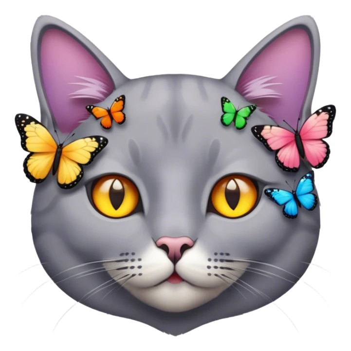 grey cat's face surrounded by butterflies sticker