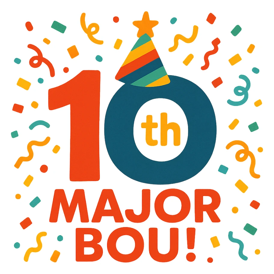 Celebratory 10th anniversary logo for Major Bou with confetti and a festive color palette sticker