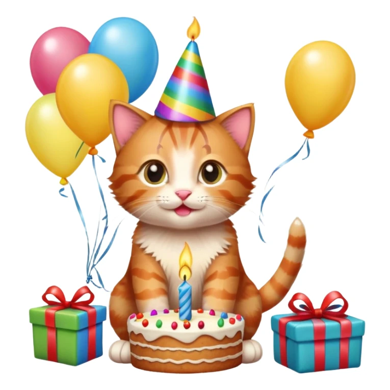 Ginger tabby kitten celebrates birthday, birthday hat, birthday cake, one candle, balloons, happy, gifts sticker