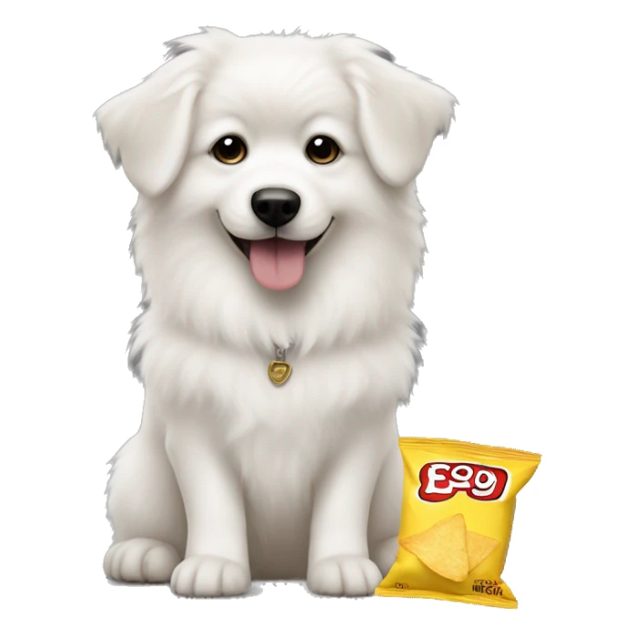 white fluffy dog with a bag of chips that says lil baby on it  sticker