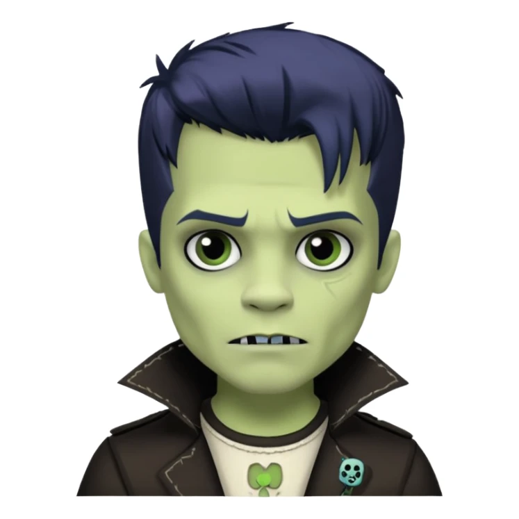 Frankie stein monster high doll boy with 5-o-clock shadow , pale white-green skin, Frankenstein stiches  sticker