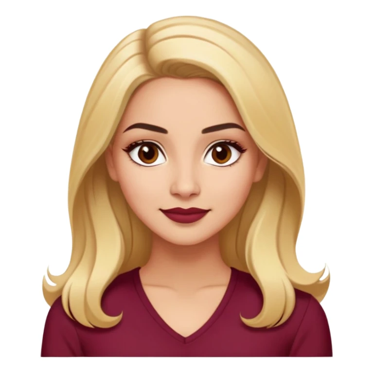 Puerto Rican actress Linette Torres with warm light skin, attractive elegant features, expressive eyes, well-defined eyebrows, straight nose, friendly smile, long blonde hair, wearing a fashionable burgundy top sticker