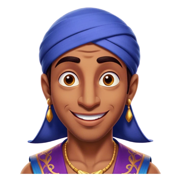 Cinematic Realistic Aladdin Portrait, head tilted dramatically with an exaggeratedly amused expression, featuring vibrant eyes and a slight, roguish grin. His detailed attire and subtle magical accents are brought to life with dynamic lighting and vivid textures, capturing a rare, playful burst of humor from a daring street-wise adventurer. sticker