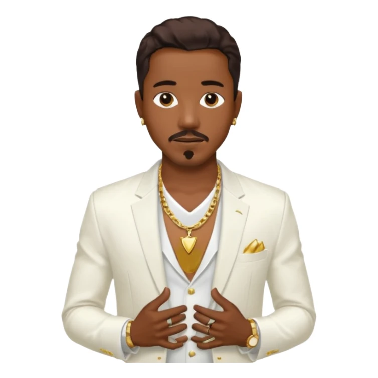 Ralph Tresvant with dark brown hair, white suit jacket, shirtless with necklace sticker