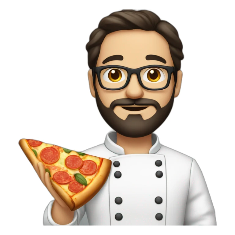 Dark haired chef with beard and big glasses holding a slice of pizza sticker
