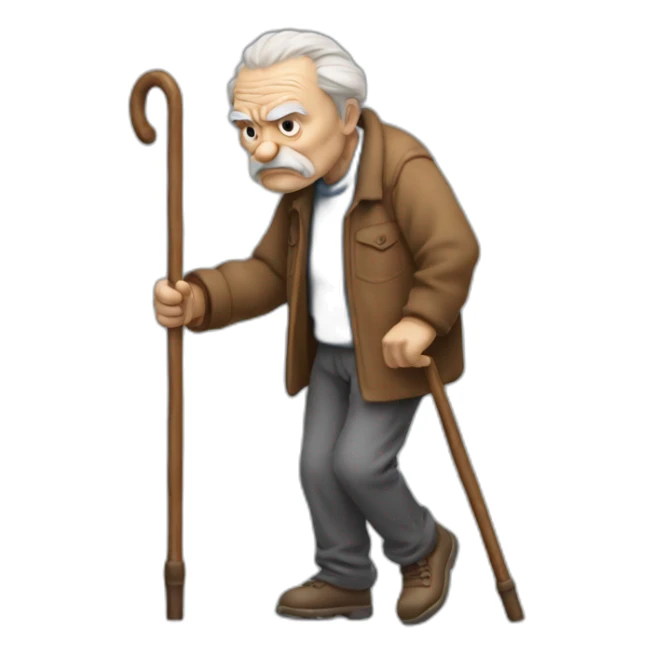 Old man leaning on a walking cane and holding his crancky back with his hand grumpy face, detailed sticker