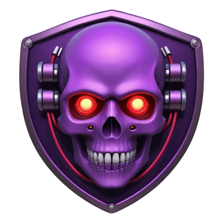 Cyberpunk shield, skull with cybernetic implants, glowing wires, dark purple and red tones, no background sticker