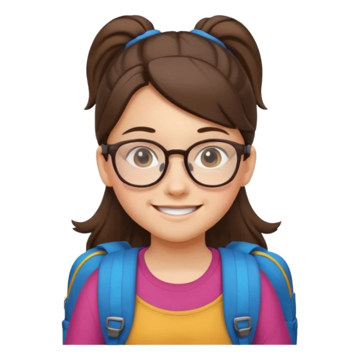 student brunet kid girl, ponytail wearing glasses with backpack sticker