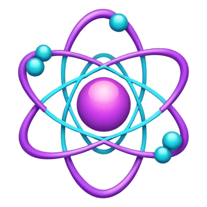 futuristic minimalistic logo icon, glowing atom core with orbiting energy rings, neon purple (#8B5CF6) and cyan (#00E0FF) glow, representing Atom team creativity and innovation, dark background, clean tech design, no face, 1:1 aspect ratio sticker
