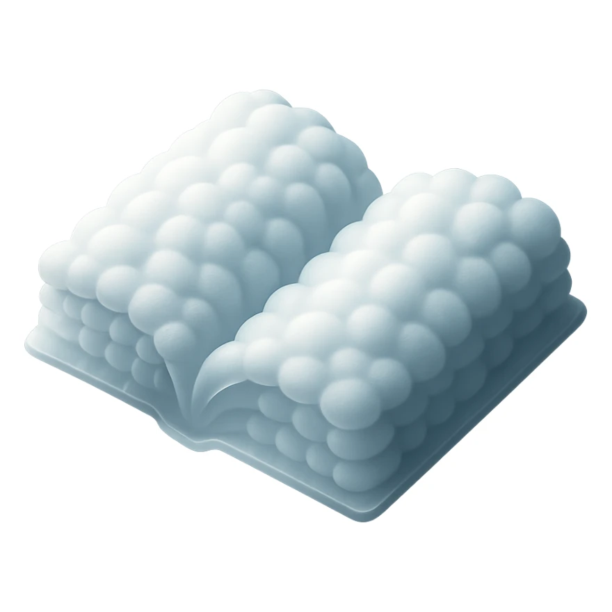 thick open book made entirely of small, very bright white fluffy convex clouds, matte glass style, no background, no text sticker