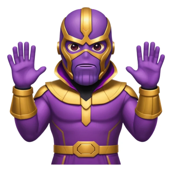 emoji style Thanos with purple skin, strong jaw, Infinity Gauntlet, dressed as Squid Game guard with red jumpsuit and black mask with triangle, minimal, bold, playful, bright colors sticker