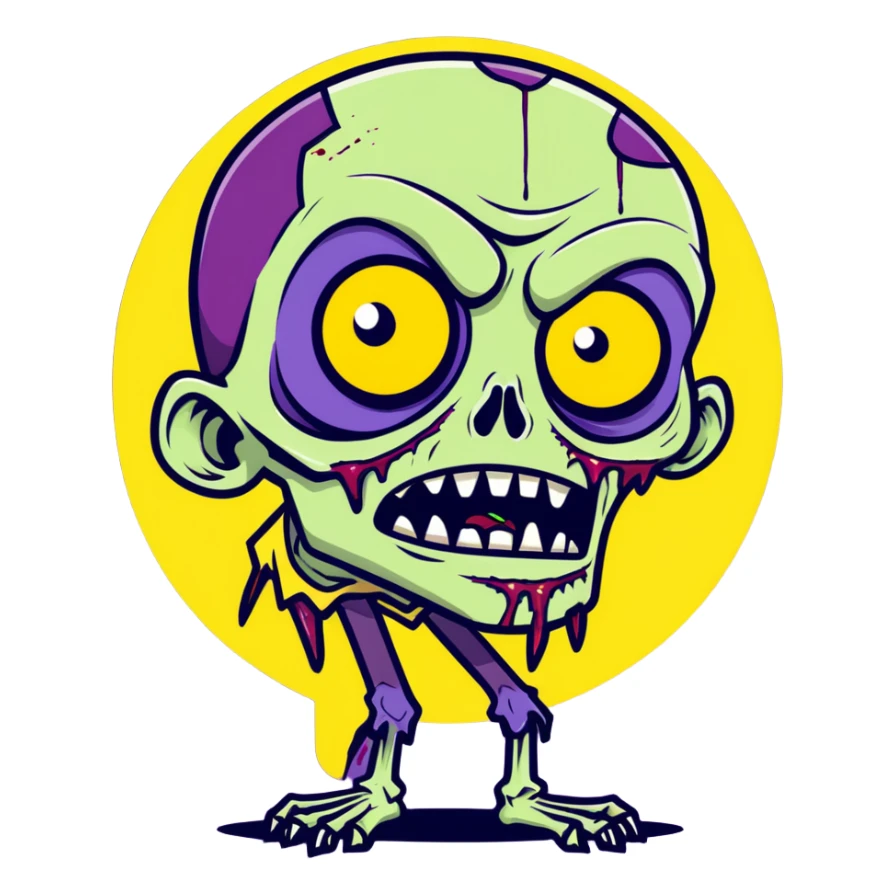 cartoon style zombie, purple skin, one eye popping out sticker