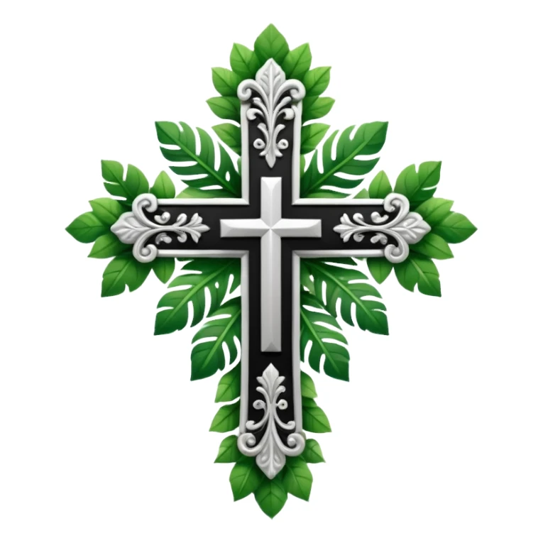 a black and white detailed cross with leaves over the top sticker