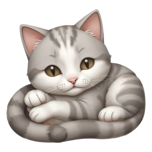 grey and white small cat with its eyes closed lying down with its paw curled and holding up his head sticker