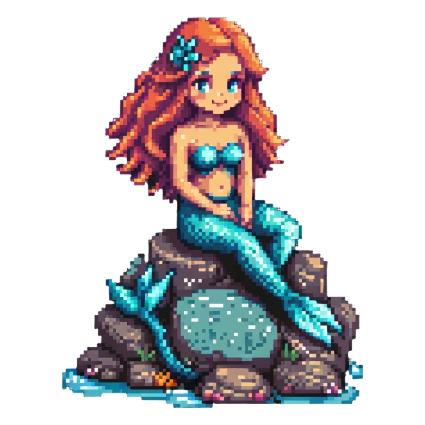 mermaid sitting on a rock underwater, pixel art style, retro look sticker