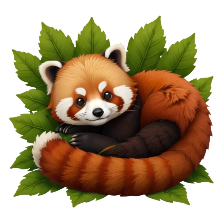 incredible cite ultra furry, hyperrealistic, red panda, napping curled up on a bed of different brown and green dried leaves, still life, isolated, must have a transparent background, 4k. Must not be poor quailty, must be high resolution, must not be blurry, no emoji faces, no emoji icons, dpi 300 sticker
