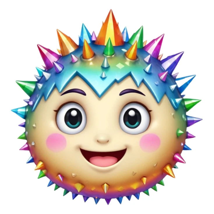 A single spiky crystal rock character, chubby and compact, covered in short chunky crystal spikes and faceted planes, iridescent rainbow colors, cute round face on the front with big glossy eyes and a wide happy smile, sticker