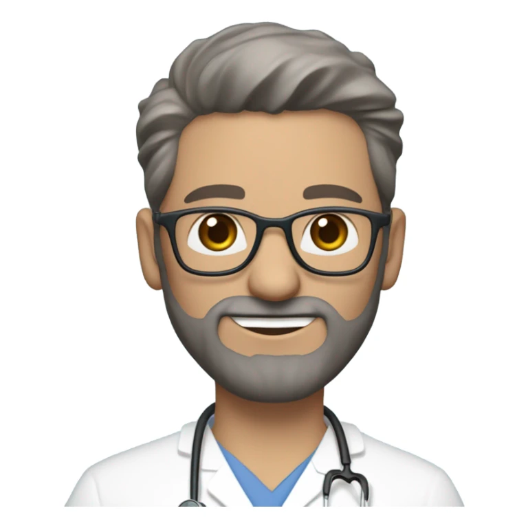 male dark blond haired doctor in scrub cap with grey van dyke beard with hazel eyes and small wire-rimmed glasses in blue scrubs holding a large paintbrush sticker