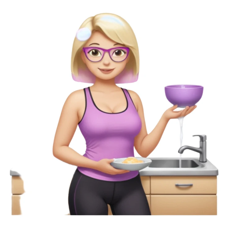 Seductive, Curvy fair skinned woman, short blond hair, small light purple reading glasses, washing dishes, SFW sheer pink tank top, without undergarments showing natural breast shape SFW, black yoga pants, thick booty sticker