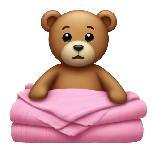 Teddy in bed with pink sheets and a towel sticker