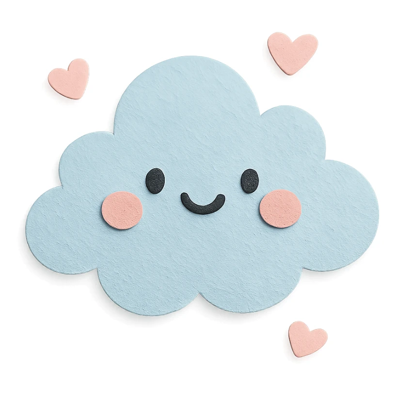 cute fluffy cloud, tiny floating pink hearts around, soft pastel palette, no arms or legs, full body, paper craft style sticker