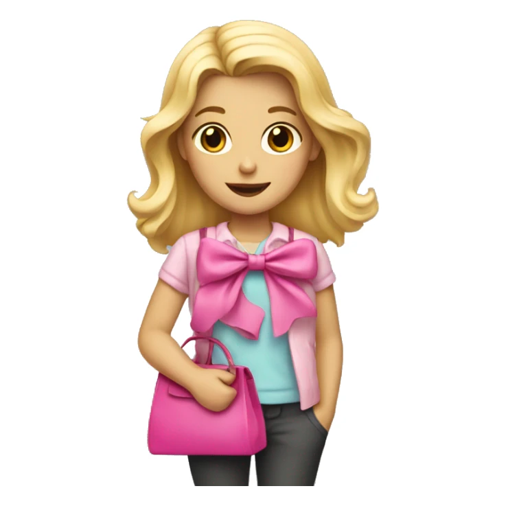 A blonde girl with a pink bow and a bag sticker