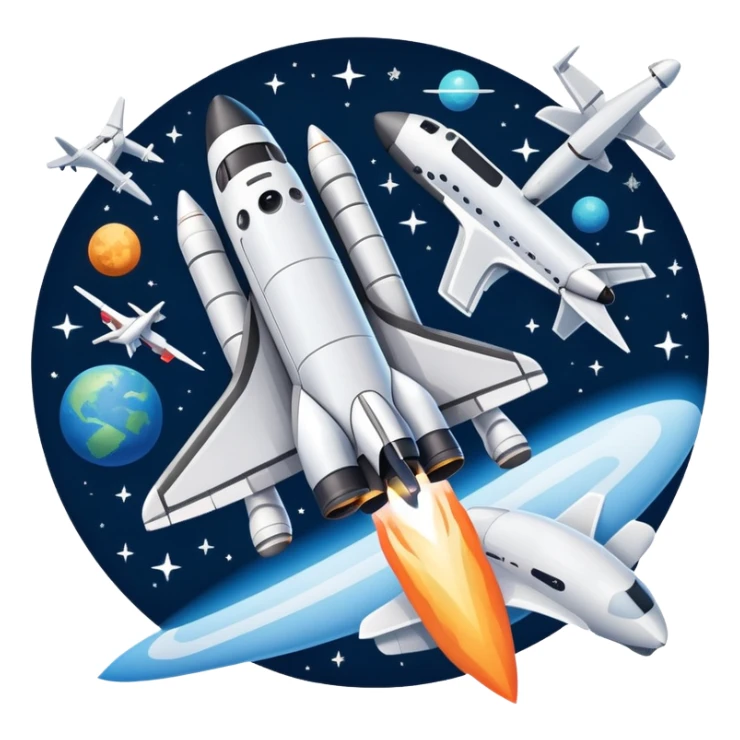 An icon featuring a space shuttle, a drone, and an airplane against a starry sky, symbolizing aerospace technology. The design includes rocket boosters and satellite orbits, representing the exploration of space and advanced aviation. Transparent background sticker