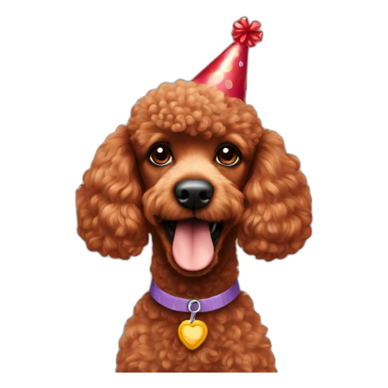 red poodle with a birthday party head sticker