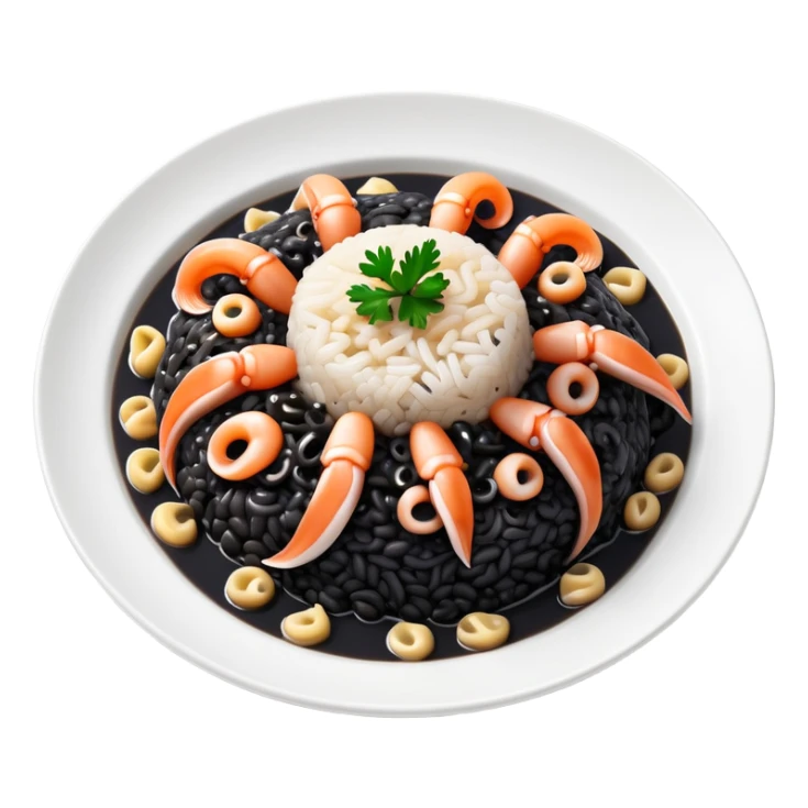 cinematic-realistic-black-risotto-dish-emoji,-showcasing-small squid pieces-rendered-with-bold-textures-and-dynamic,-dramatic-lighting. sticker