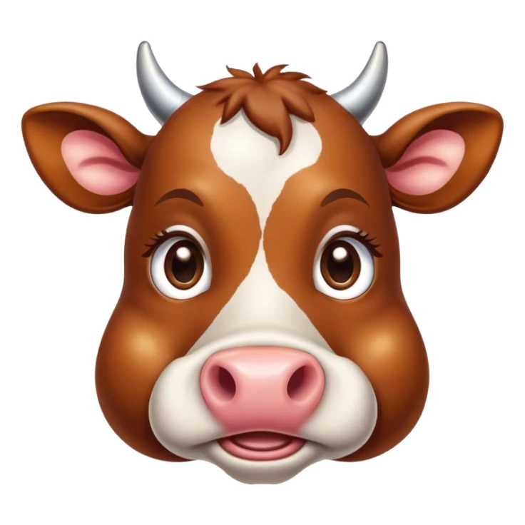 Cinematic Cute Brown Cow Portrait Emoji, Head tilted playfully and inquisitively, featuring a glossy, rich brown hide with a natural sheen, round, sparkling brown eyes filled with gentle curiosity, Simplified yet irresistibly adorable features, highly detailed, glowing with a warm, friendly glow, high shine, affectionate and serene, stylized with a touch of country charm, bright and endearing, soft glowing outline, capturing the essence of a mischievous yet loving cow, so playful it feels like it could moo out of the screen and into your arms! sticker