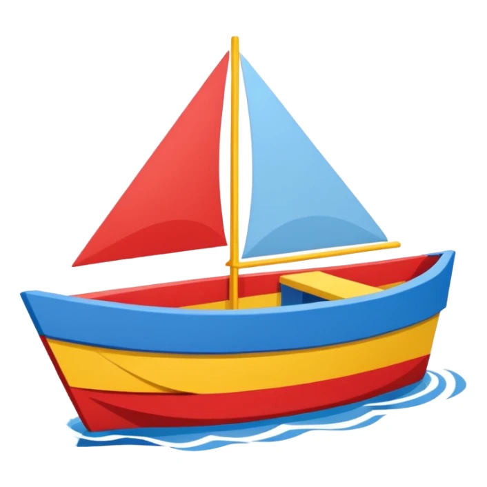 Child designed and operated Brightly painted Cardboard  boat with straight sides, very basic design pointed on one end, flat blunt square rear  sticker