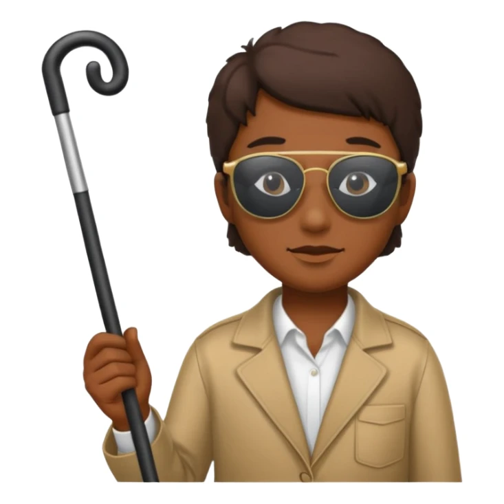 A blind person wearing sunglasses and holding a guide cane sticker