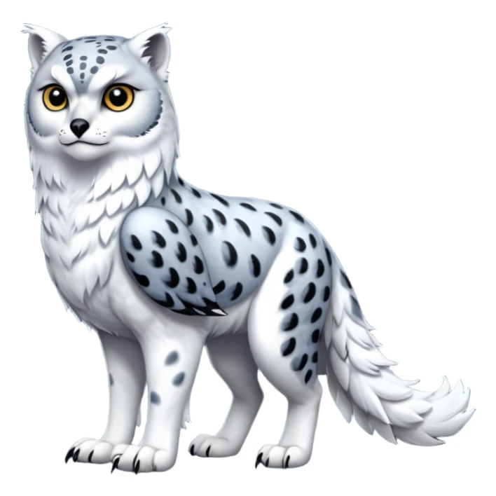 Realistic wild natural elegant pretty beautiful handsome shiny colorful furry 4-legged digitigrade snow-leopard-snowy-owl-arctic-fox-gryphon-griffin-fusion-hybrid-fursona-furry-animal-creature, full body, hyper-realism, long tufted tail sticker