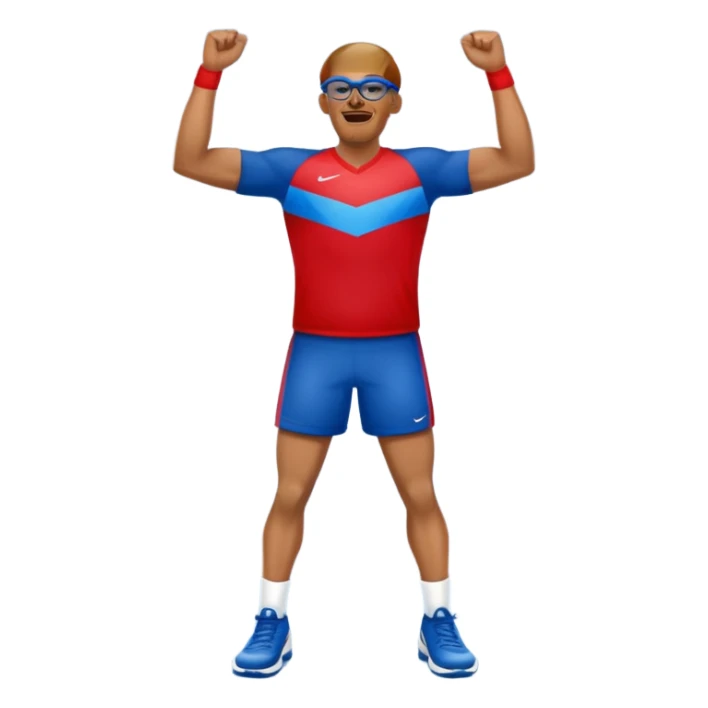 Create an emoji inspired by the reference image of an athlete celebrating on the track, wearing a red and blue uniform, sports glasses, and a victory gesture. Style: classic Apple emoji style. No text or branding. sticker