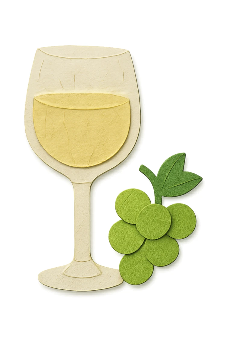 white wine icon, paper craft style, light yellow wine glass with light green grapes beside it, no background sticker