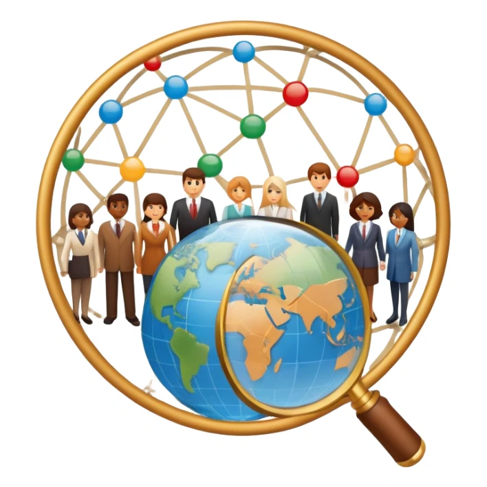 An icon featuring a group of people, a network diagram, and a magnifying glass, symbolizing sociology. The design includes a globe and interconnected lines, representing social structures and relationships. Transparent background highlights the study of societies and human behavior. sticker