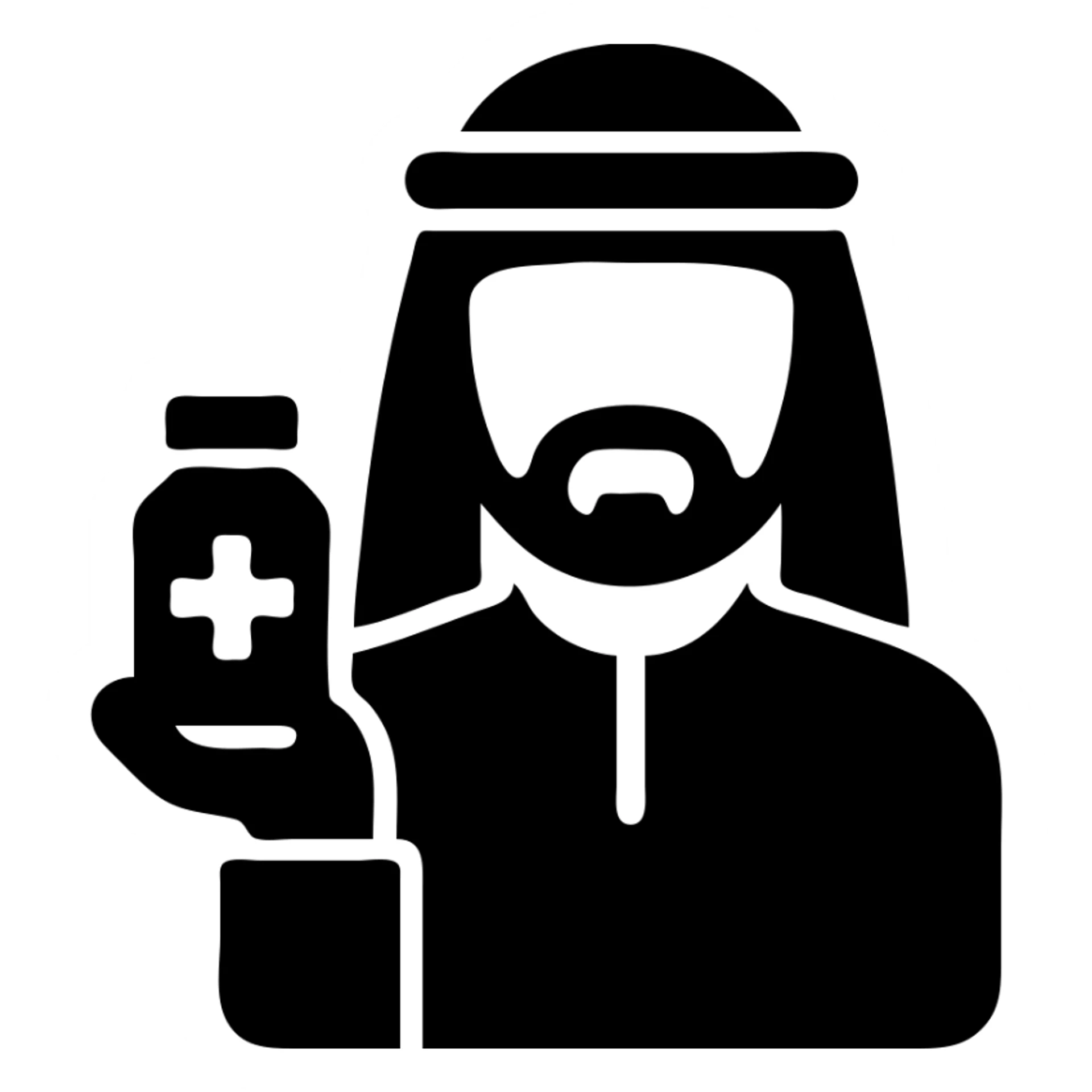 Arab man with traditional headdress holding medicine bottle sticker