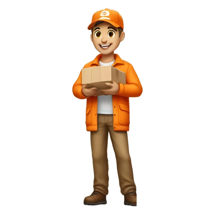 Delivery boy, full body, light skin tone, wearing orange cap and orange jacket, kerry delivery company uniform loading a package without background and say on that table sticker
