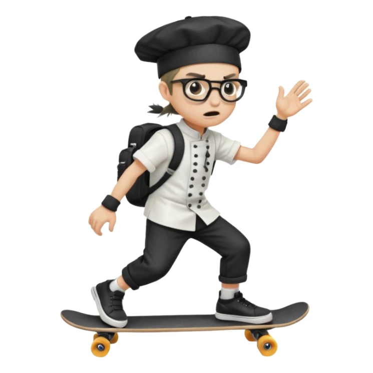 ["An angry boy , ponytail, wearing a chef hat and square glasses, dressed in goth fashion, is skateboarding while holding a backpack."] sticker